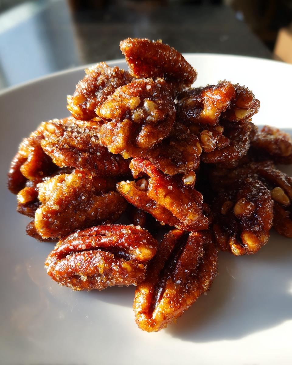 A close-up of a small pile of glossy, caramelized cinnamon sugar pecans sprinkled with visible sugar crystals.