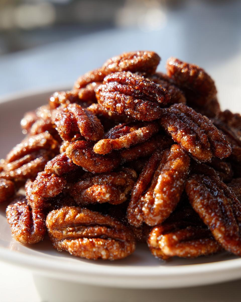 A close-up, sunlit pile of glossy cinnamon sugar pecans coated in sparkling sugar crystals.