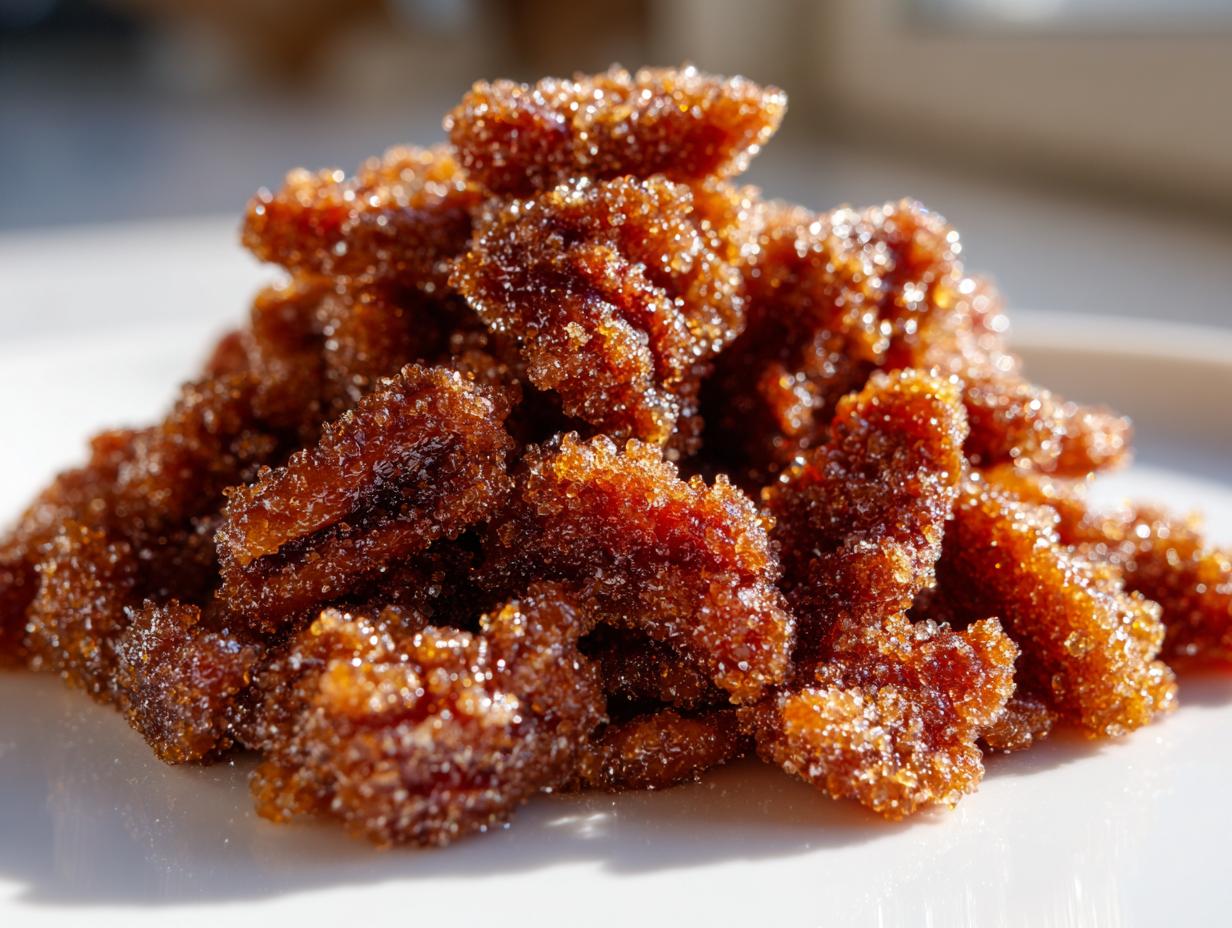 Close-up of a mound of glistening, candied cinnamon sugar pecans piled high on a white surface.