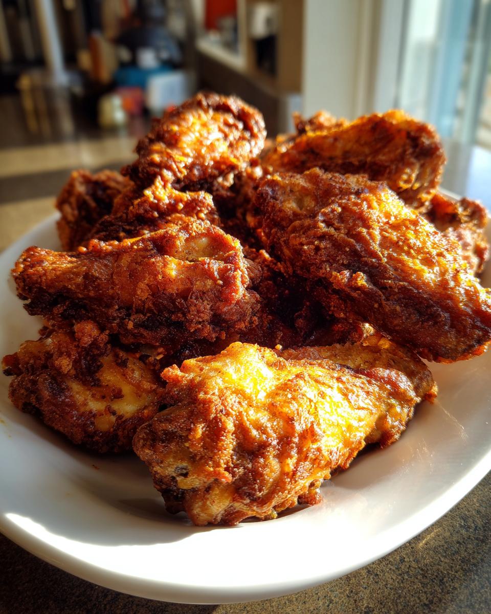A close-up of a mound of golden-brown, crispy fried chicken wings piled high on a white plate, catching bright sunlight.