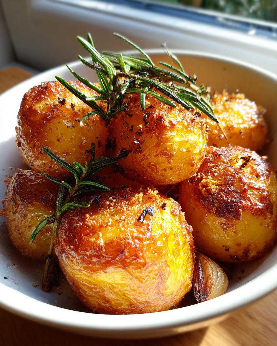 Close-up of golden brown, crispy roast potatoes seasoned with herbs and garnished with fresh rosemary sprigs.
