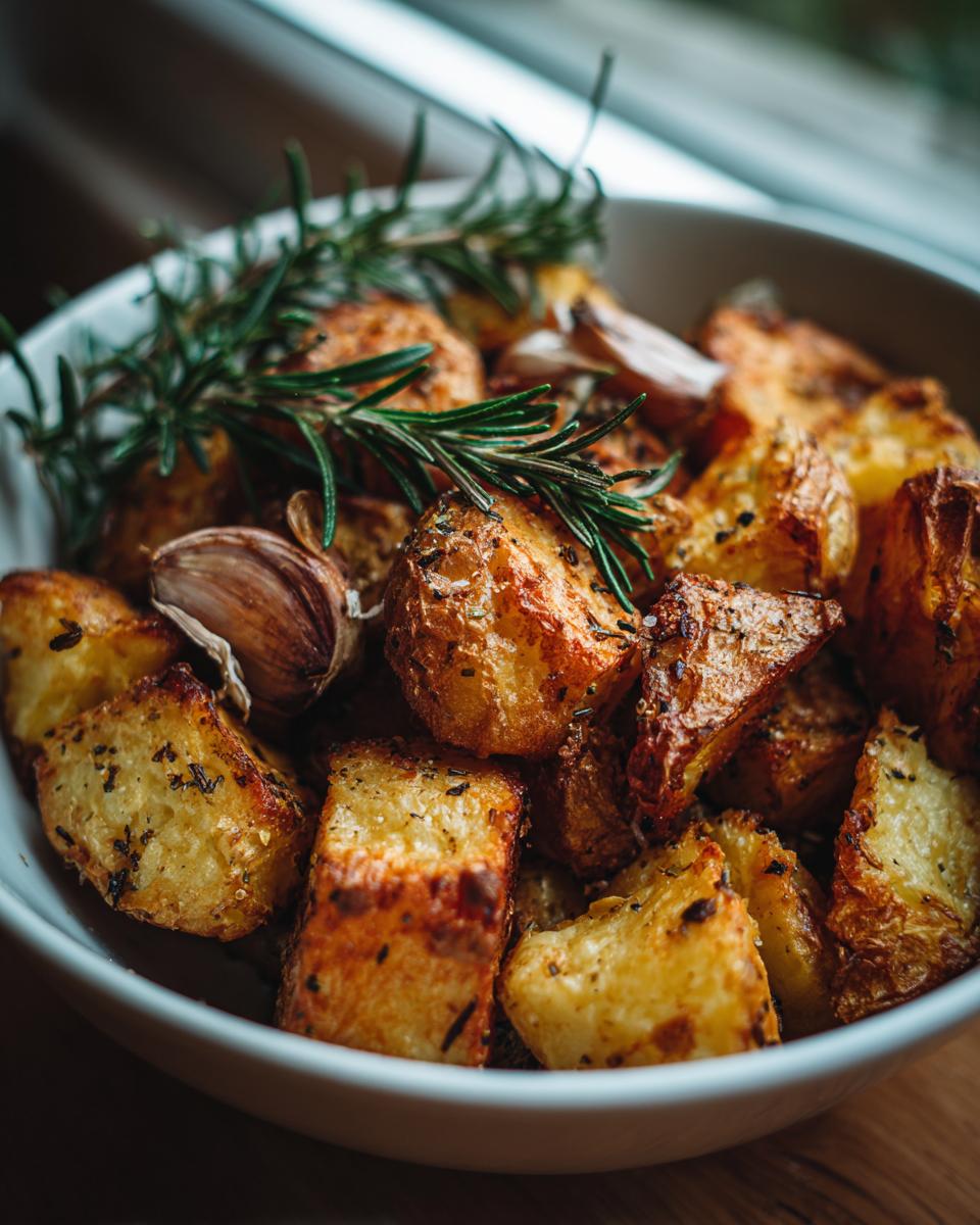 Close-up of perfectly crispy roast potatoes seasoned with herbs, garnished with fresh rosemary and garlic cloves.