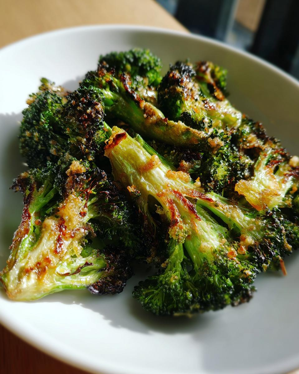 Close-up of crispy, roasted smashed broccoli florets with browned edges served in a white bowl.