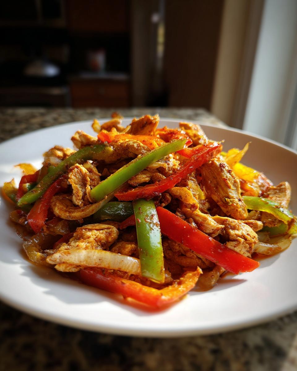 Close-up of seasoned chicken strips mixed with vibrant red, green, and yellow bell peppers and onions for crockpot chicken fajitas.