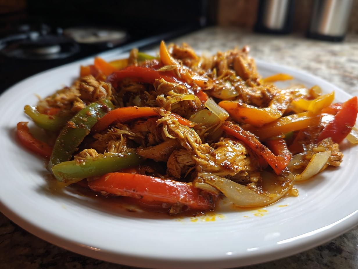 A close-up of shredded chicken mixed with colorful bell peppers and onions, ready to serve as crockpot chicken fajitas.