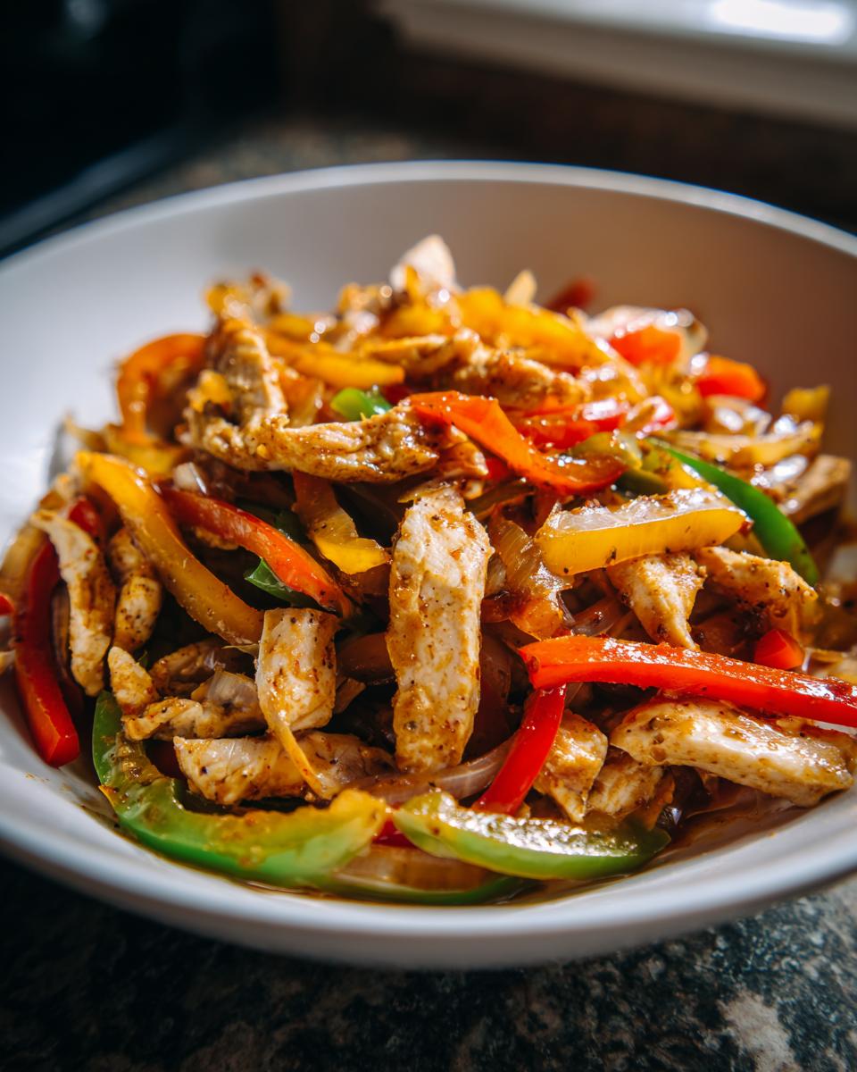 Close-up of seasoned chicken strips mixed with colorful bell peppers and onions, ready for crockpot chicken fajitas.
