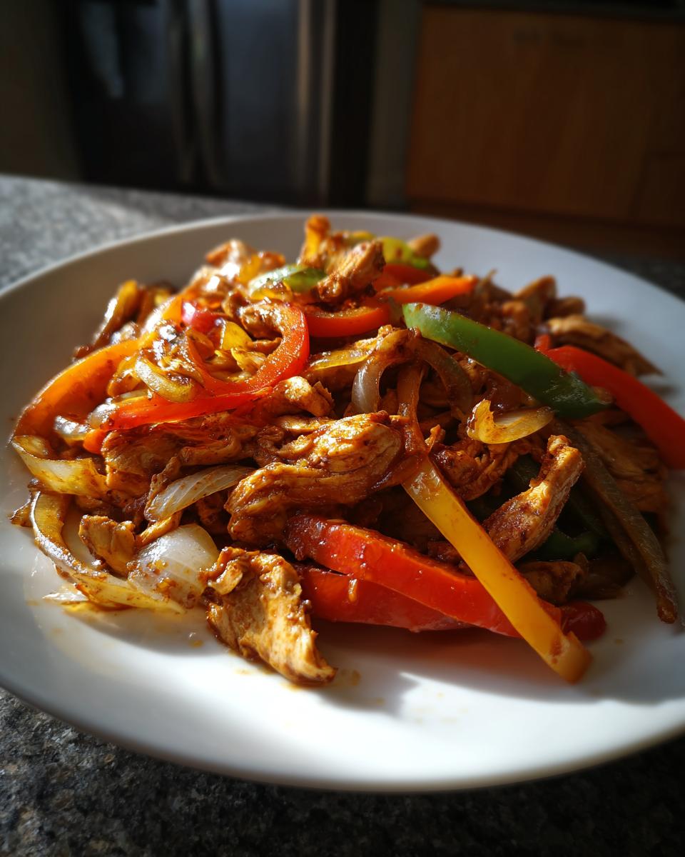 A plate of seasoned, sliced chicken mixed with colorful bell peppers and onions, ready to serve as crockpot chicken fajitas.