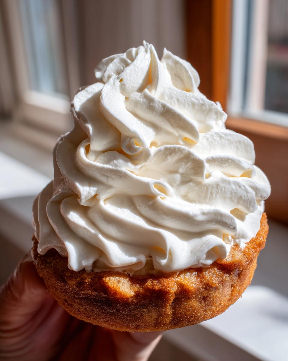 A close-up of a golden cupcake topped with a tall, perfectly piped swirl of white cream cheese frosting.