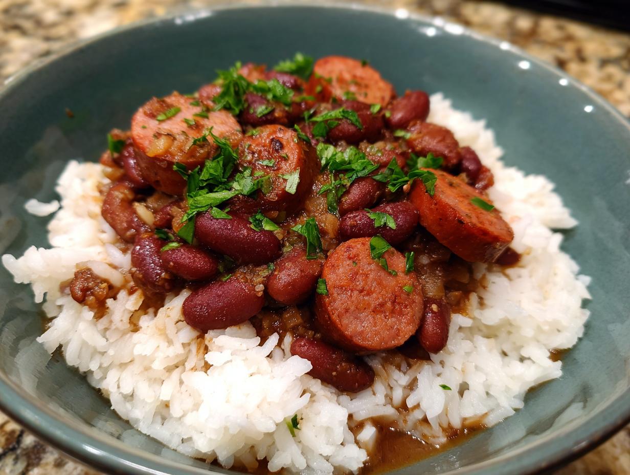 A close-up of a bowl of savory beans and rice topped with sliced smoked sausage and fresh parsley.