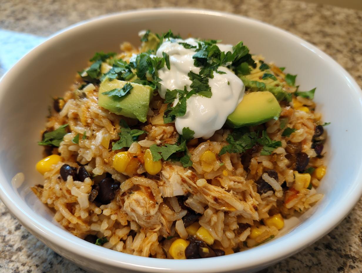 Close-up of a delicious chicken burrito bowl featuring seasoned rice, black beans, corn, topped with avocado, sour cream, and cilantro.