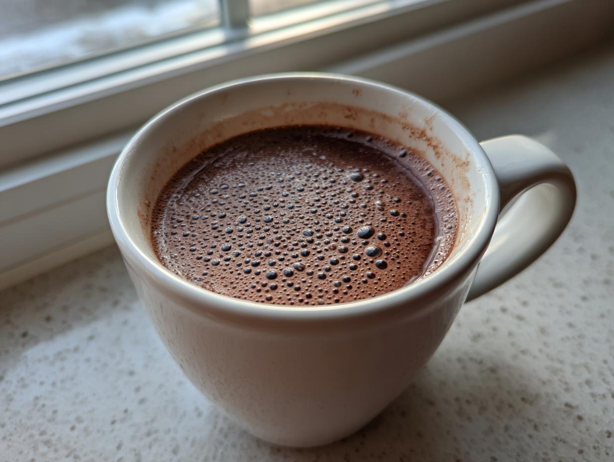Close-up of rich, dark homemade hot cocoa with small bubbles on top, served in a white mug near a window.