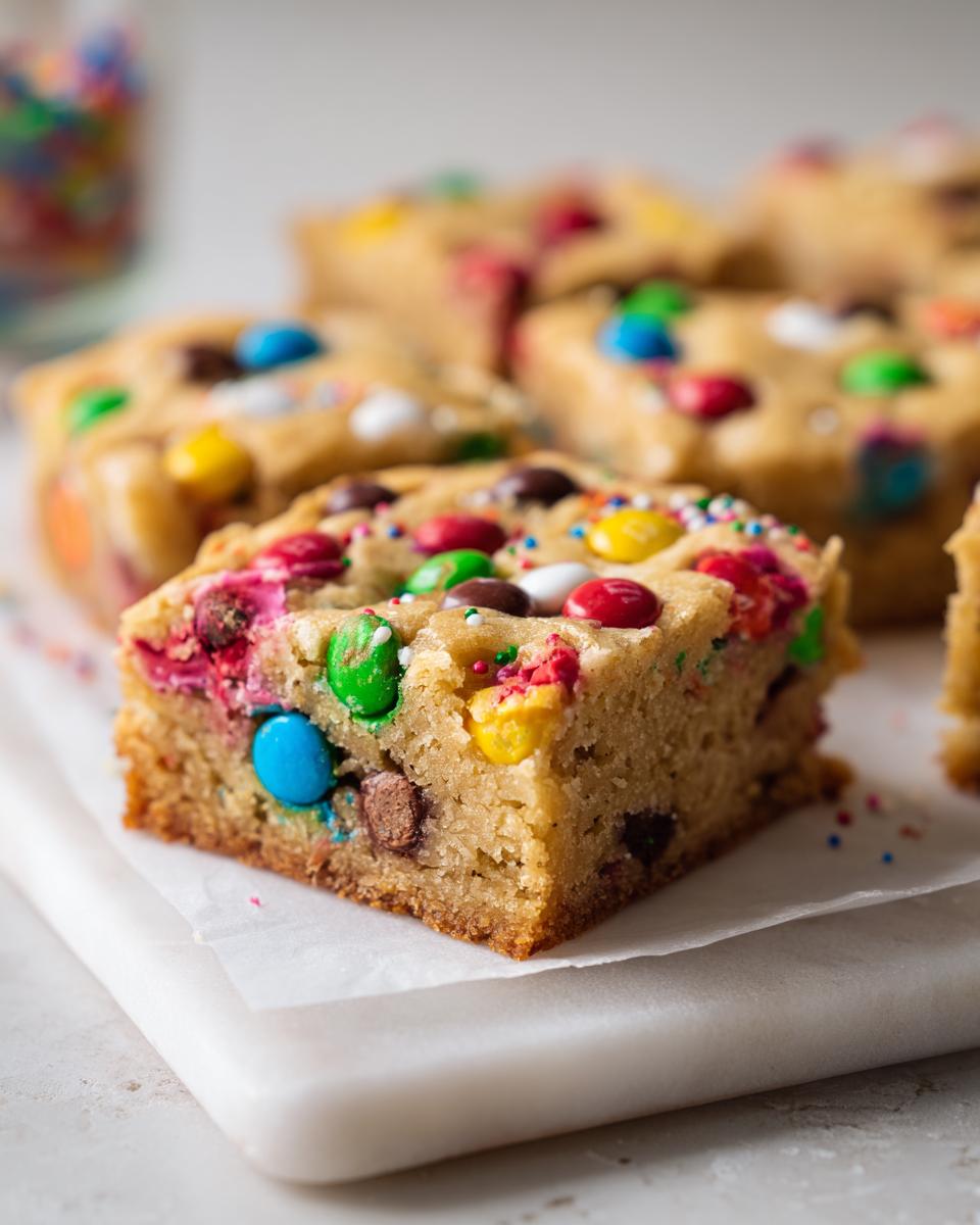 A thick, chewy square of Christmas cookie bars loaded with colorful M&M-style candies and sprinkles.