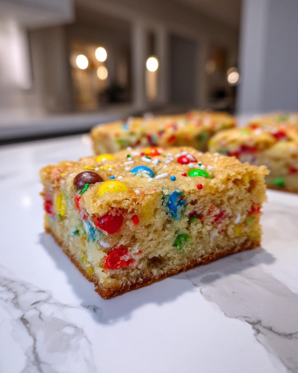 A close-up of a square slice of soft, colorful christmas cookie bars studded with M&M-style candies.