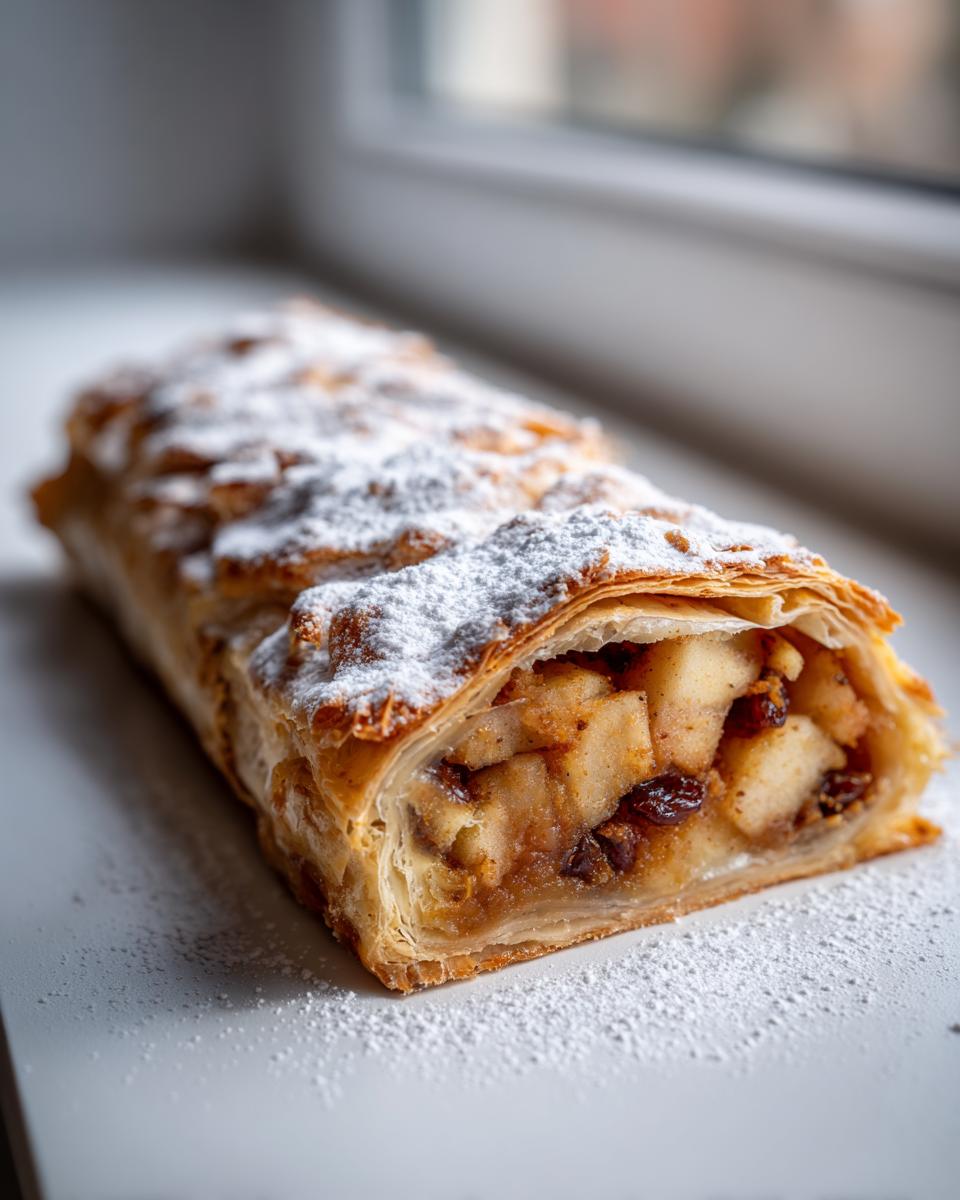 Close-up of a freshly baked apple strudel cut to show the chunky apple and raisin filling, dusted with powdered sugar.