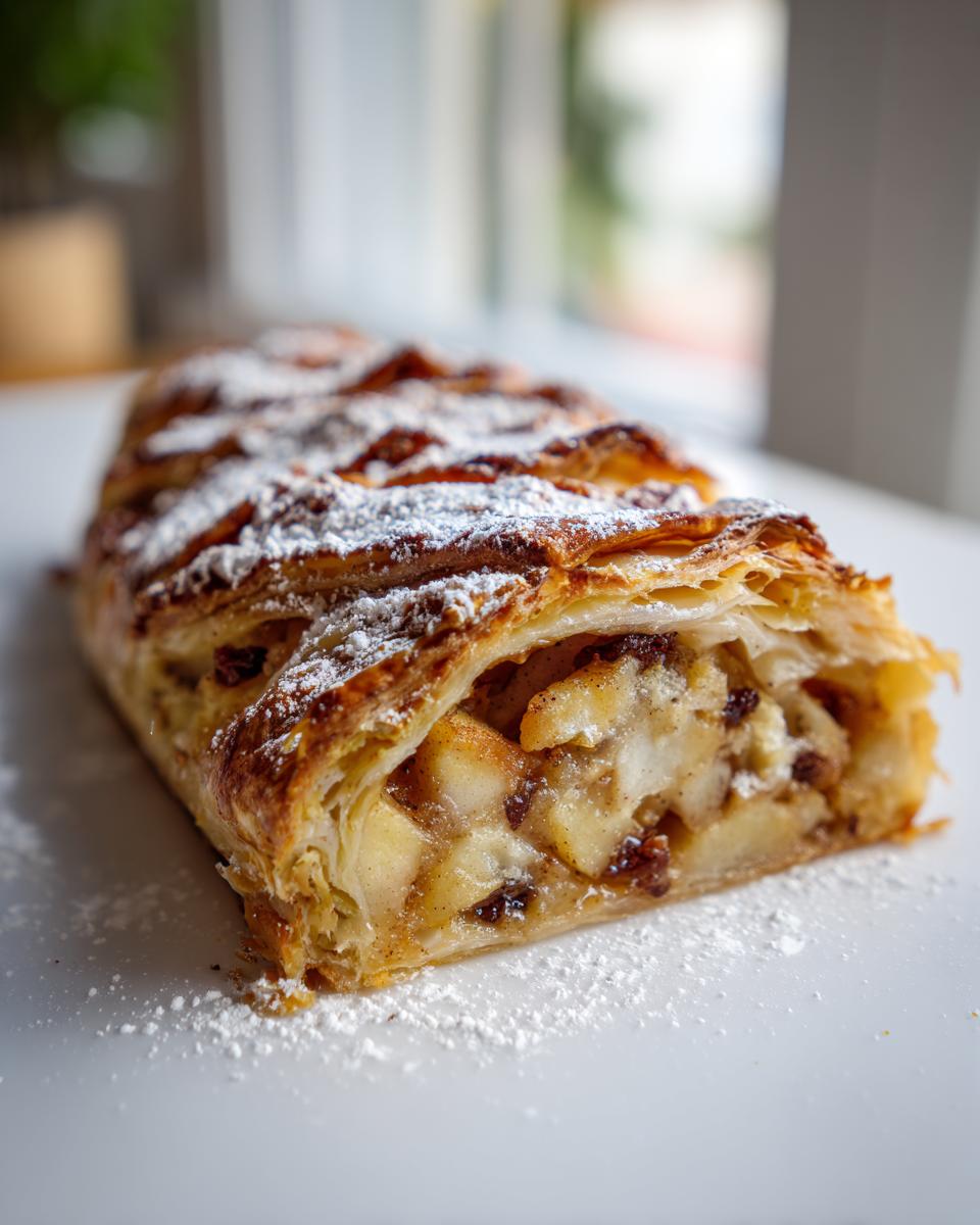 A close-up of a freshly baked apple strudel slice showing flaky pastry and apple filling, dusted with powdered sugar.