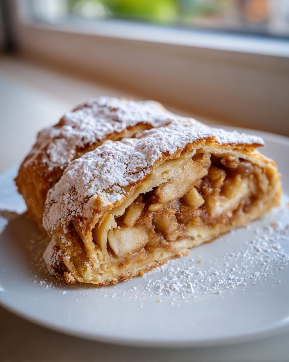 A close-up of a flaky slice of apple strudel dusted generously with powdered sugar on a white plate.