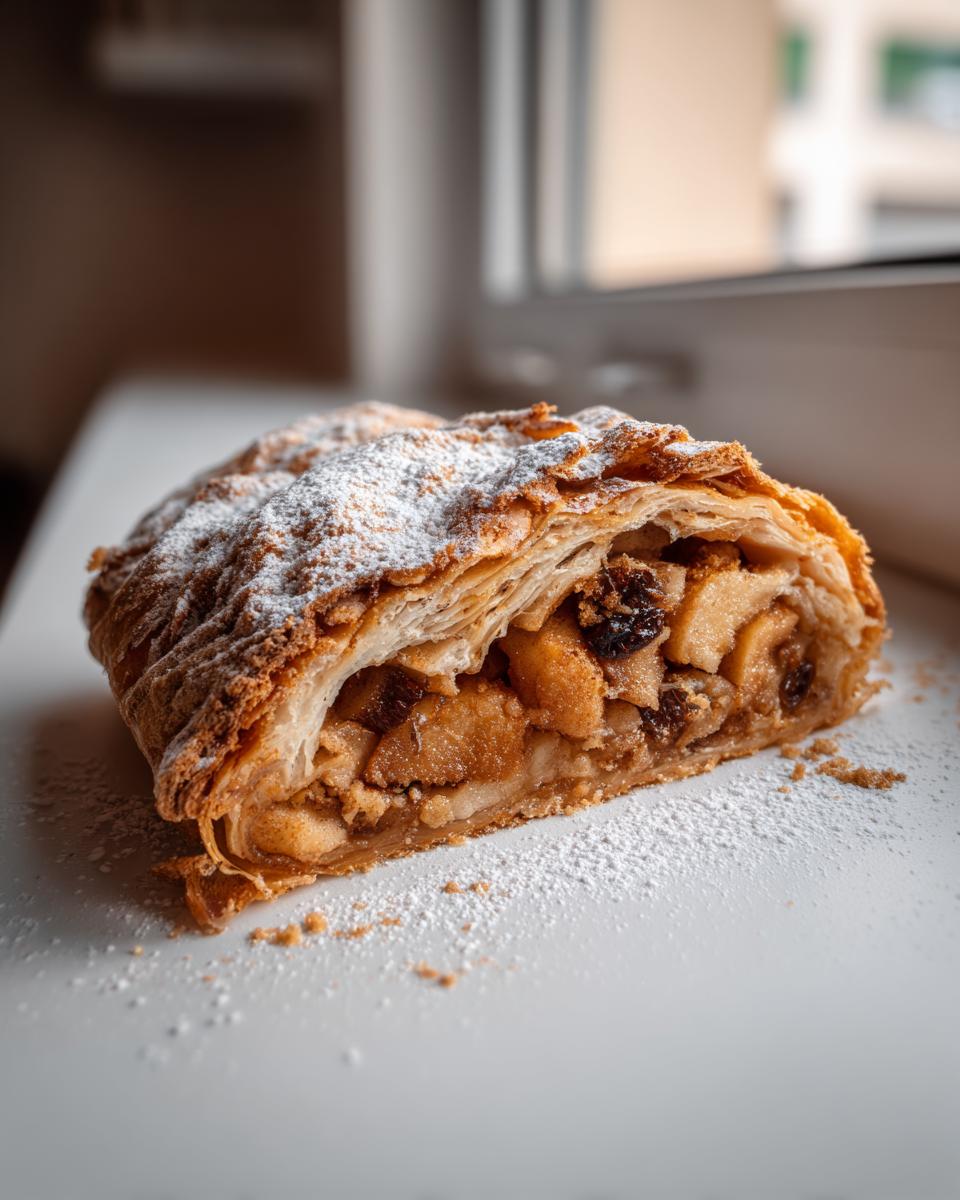 A close-up of a thick slice of flaky apple strudel filled with spiced apples and raisins, dusted with powdered sugar.