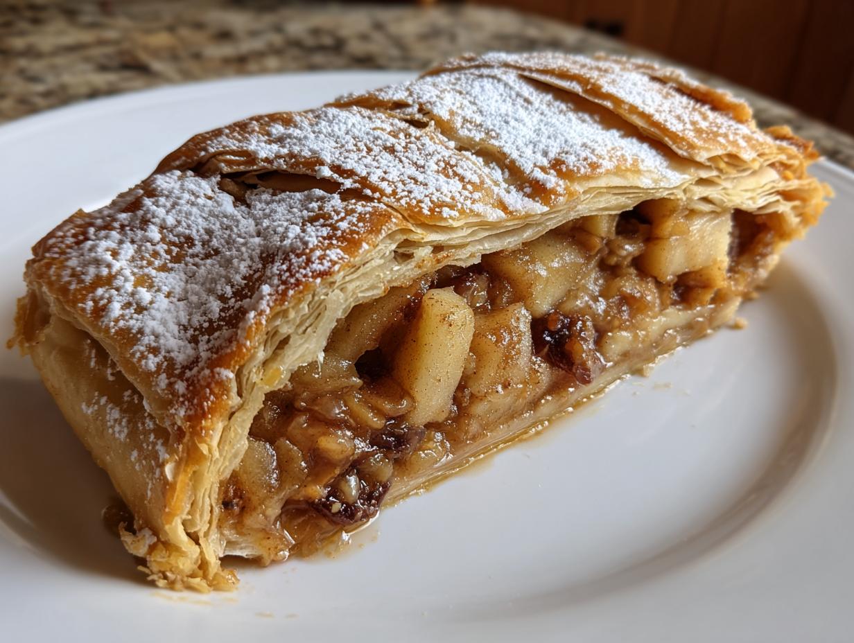 Close-up of a slice of amazing apple strudel showing flaky pastry layers and a rich apple and raisin filling, dusted with powdered sugar.
