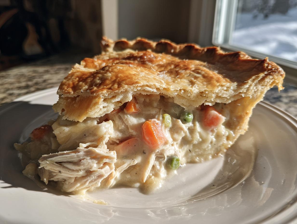 A generous slice of turkey pot pie recipe showing flaky golden crust and creamy filling with shredded turkey, carrots, and peas.