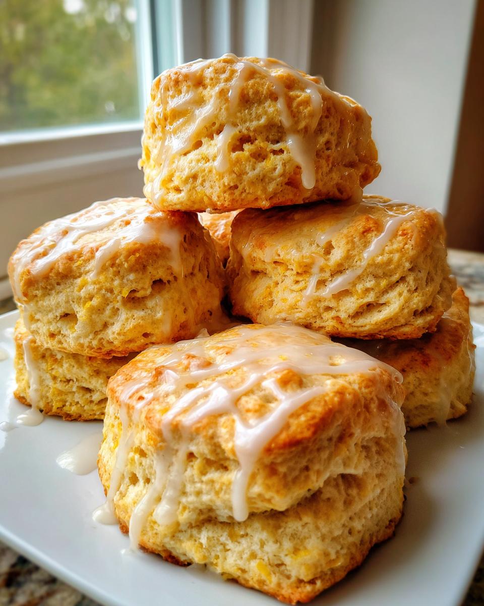 A stack of freshly baked, golden scones drizzled generously with white vanilla glaze.