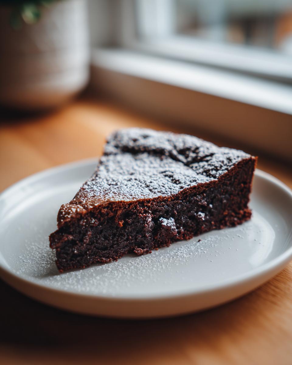 A close-up of a single slice of rich, dark flourless chocolate cake dusted with powdered sugar on a white plate.