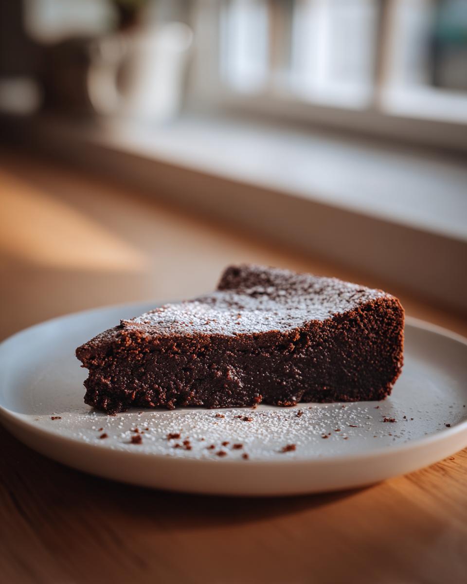 A dense, dark slice of flourless chocolate cake dusted with powdered sugar on a light plate.
