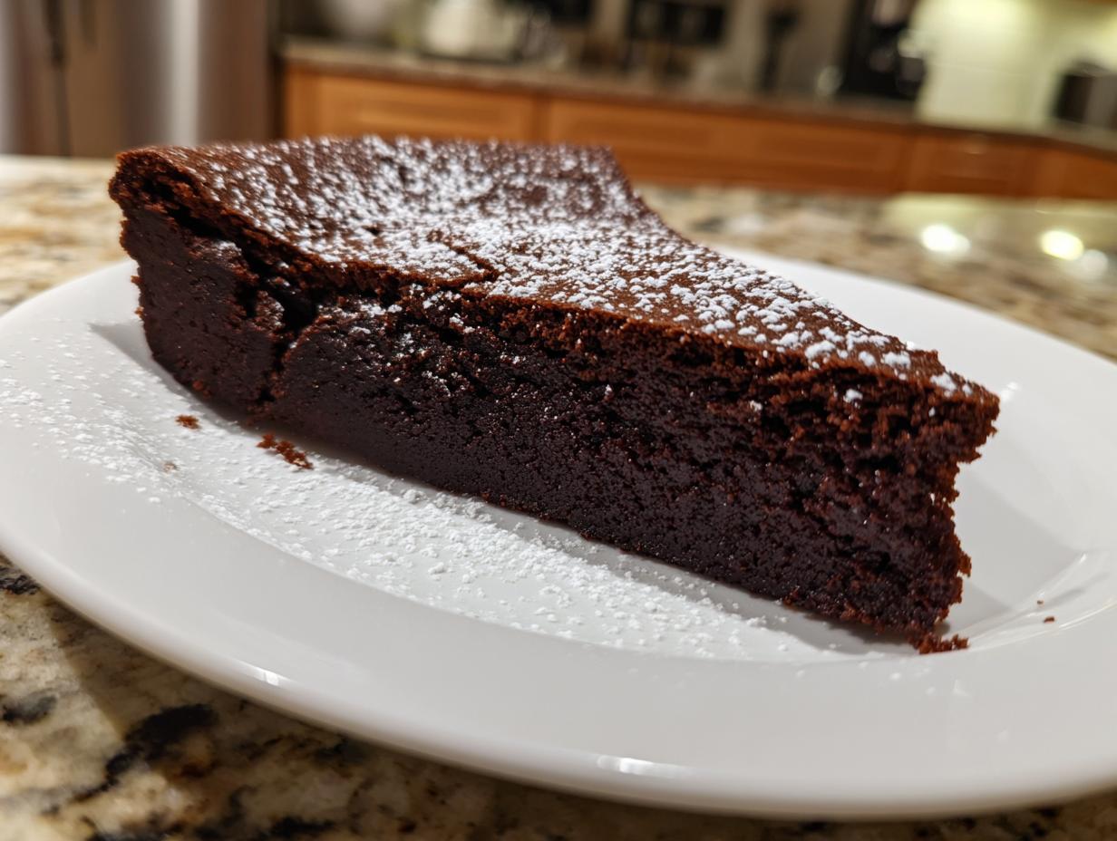 A close-up of a dense, dark slice of flourless chocolate cake dusted lightly with powdered sugar on a white plate.