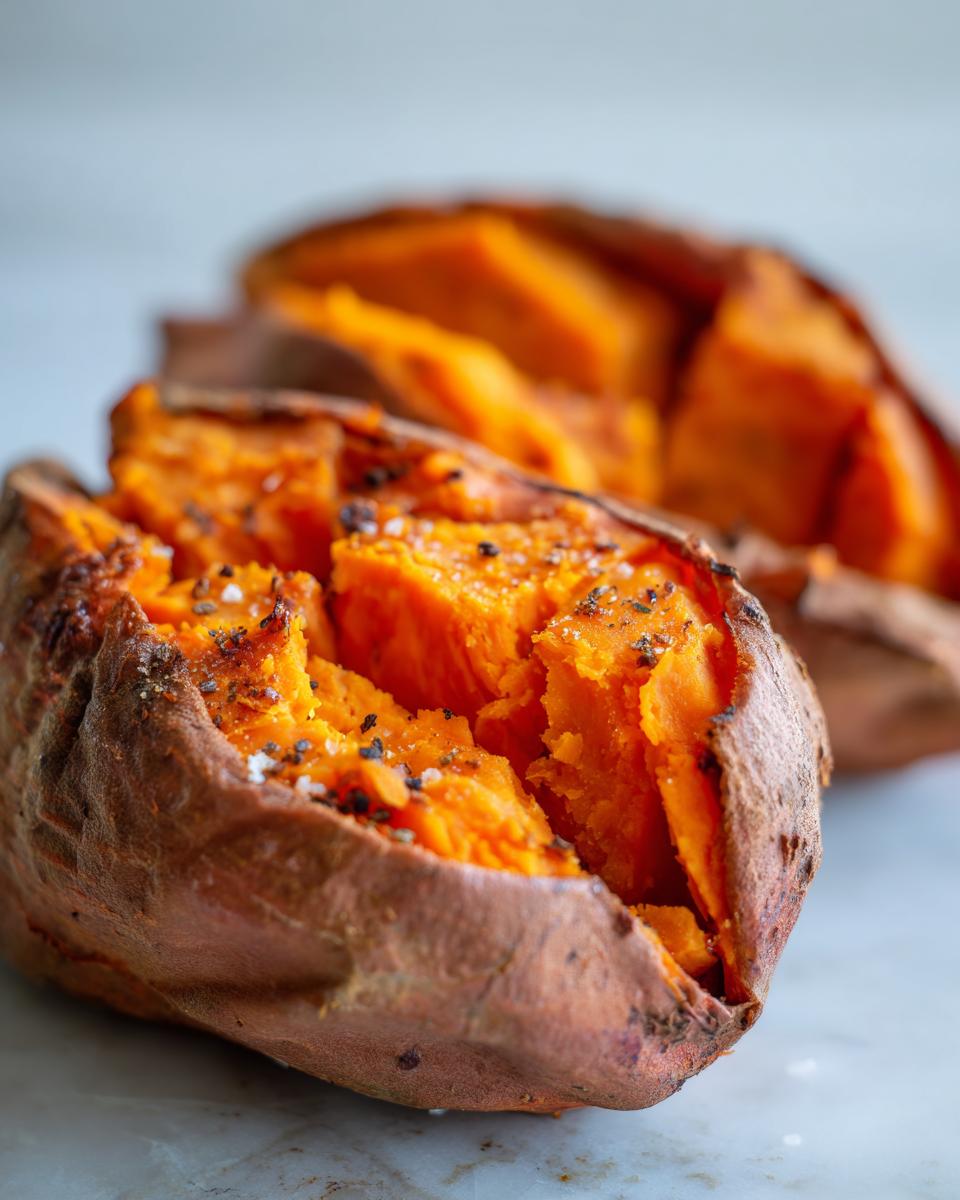 Close-up of a baked sweet potato split open, showing fluffy orange flesh seasoned with salt and pepper.