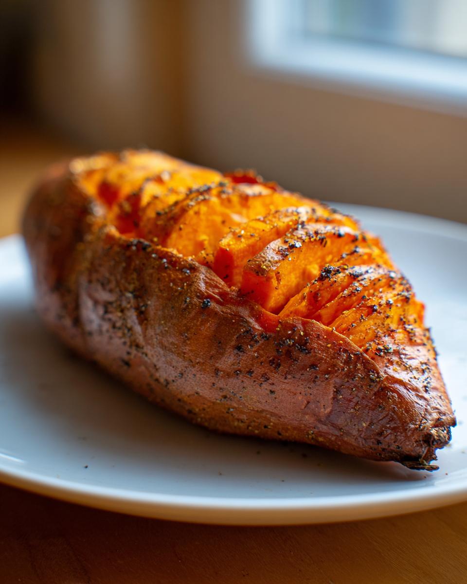 A close-up of a fluffy baked sweet potato, scored and seasoned with pepper, ready to eat.