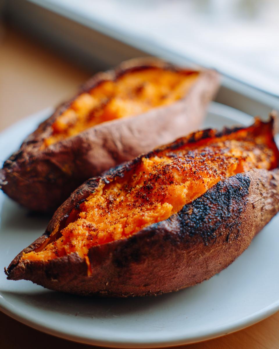 Two fluffy baked sweet potatoes, split open and seasoned, served on a white plate.