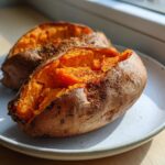 Close-up of fluffy baked sweet potatoes, split open and seasoned, sitting on a white plate.