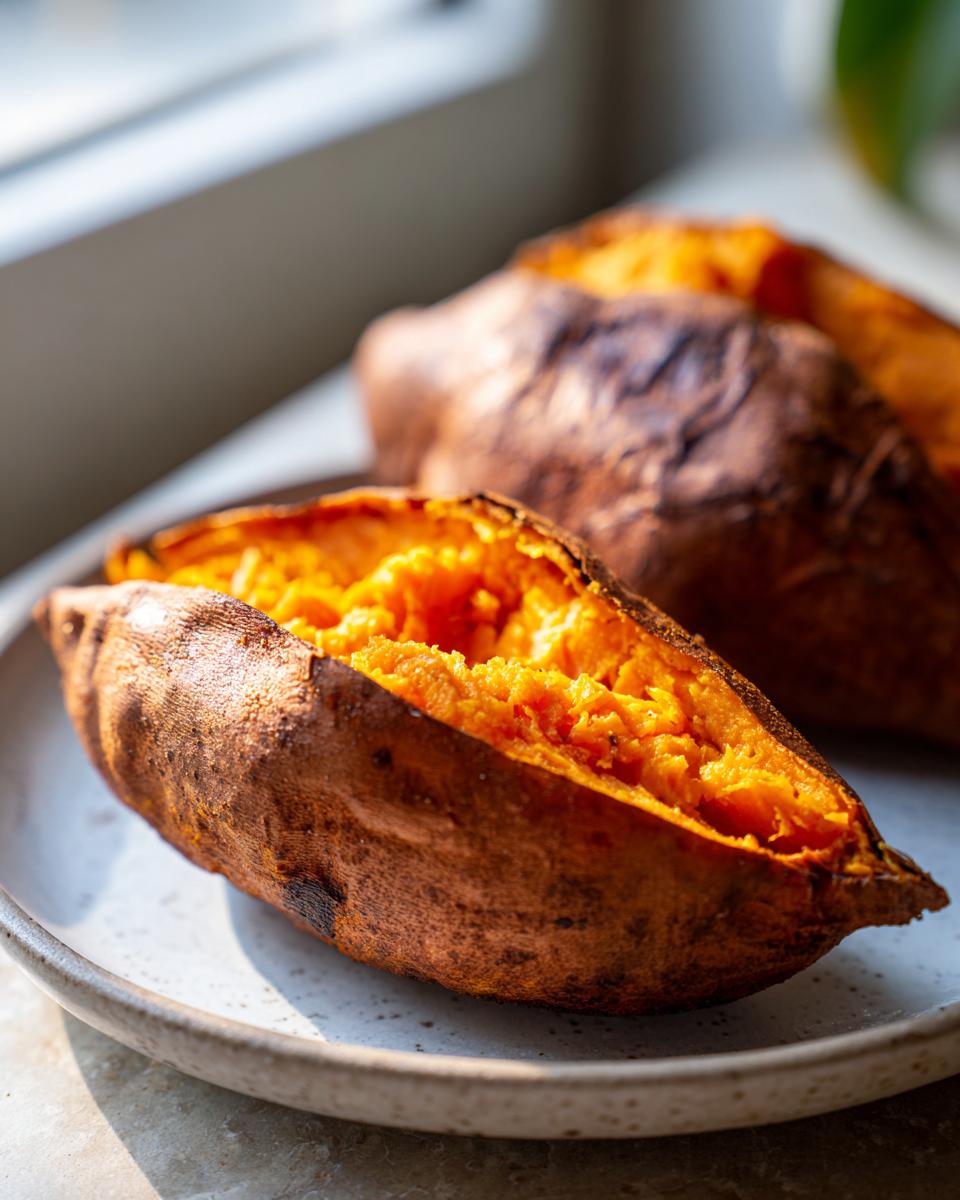 Close-up of a fluffy baked sweet potato split open, showing bright orange interior, on a speckled plate.