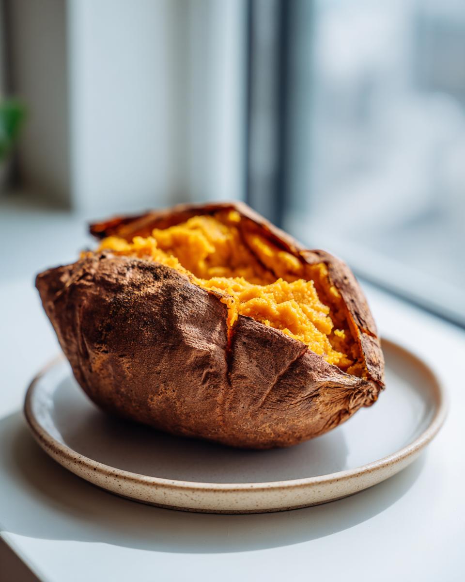 A perfectly fluffy baked sweet potatoes, split open to show the bright orange interior, resting on a small plate.