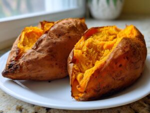 Two fluffy baked sweet potatoes split open to show the bright orange, soft interior on a white plate.