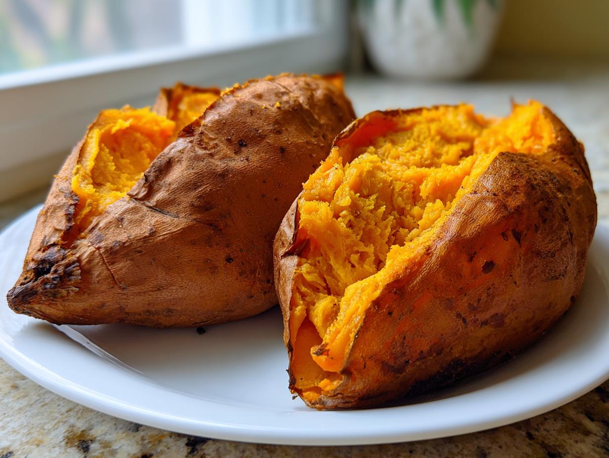 Two fluffy baked sweet potatoes split open to show the bright orange, soft interior on a white plate.
