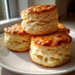 Close-up of a stack of three tall, flaky buttermilk biscuits with golden brown tops on a white plate.