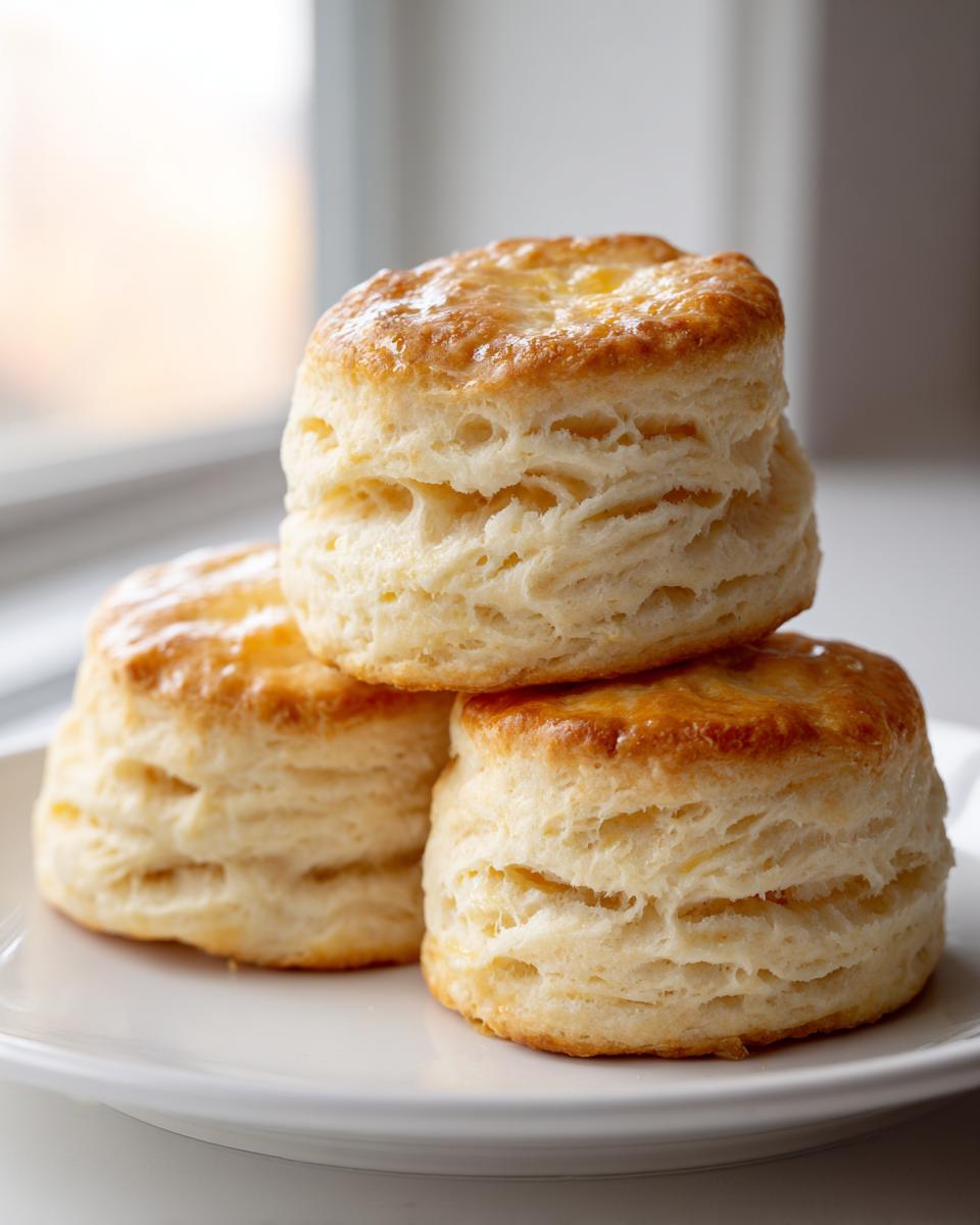 Three flaky, tall buttermilk biscuits stacked on a white plate with a bright background.