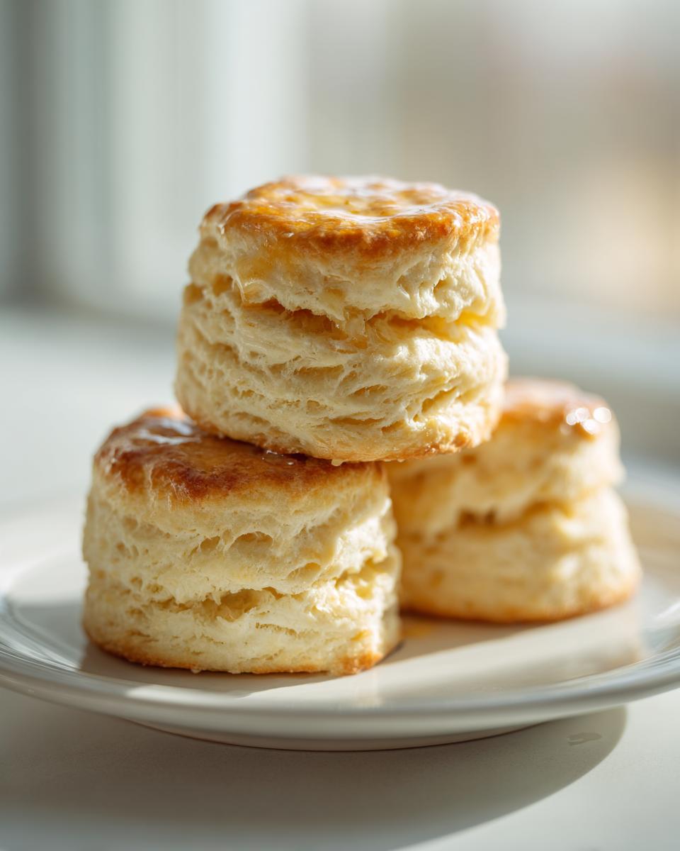 Three tall, flaky buttermilk biscuits stacked on a white plate, glistening with butter or glaze.