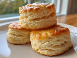 Three tall, flaky buttermilk biscuits stacked on a plate, glistening with a honey glaze.