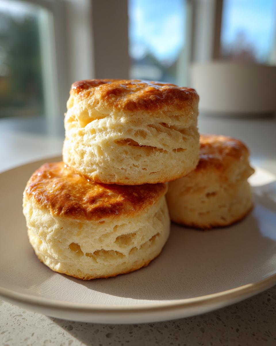 Three tall, fluffy buttermilk biscuits stacked on a light plate, showing golden tops and flaky layers.