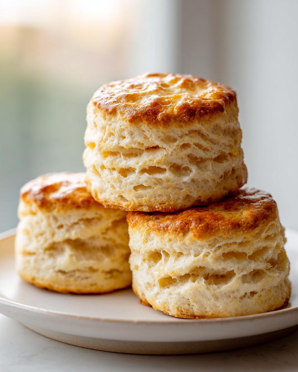 Three tall, flaky buttermilk biscuits stacked on a light plate, showing golden tops and layered sides.