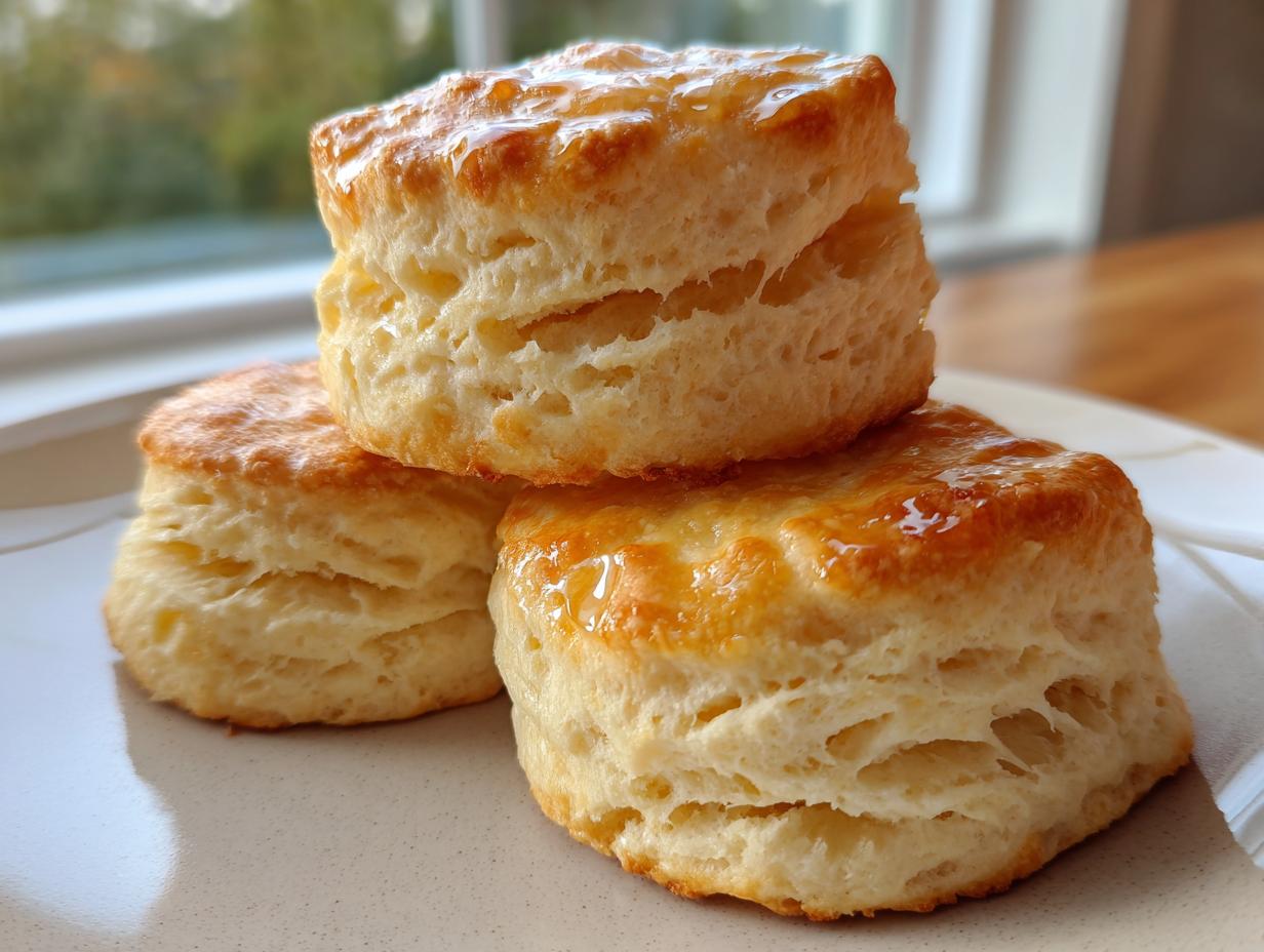 Three tall, flaky buttermilk biscuits stacked on a plate, glistening with a honey glaze.