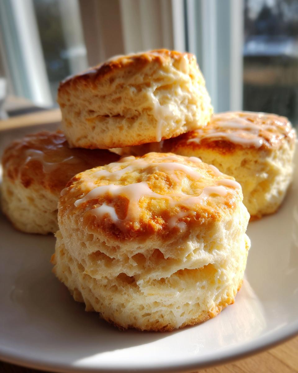 Close-up of four fluffy, golden brown scones stacked on a white plate, drizzled with a thin white glaze.