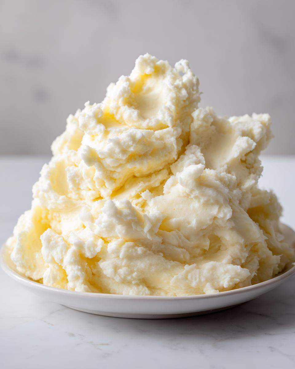 A large, fluffy mound of creamy, pale yellow mashed potatoes served in a white bowl.
