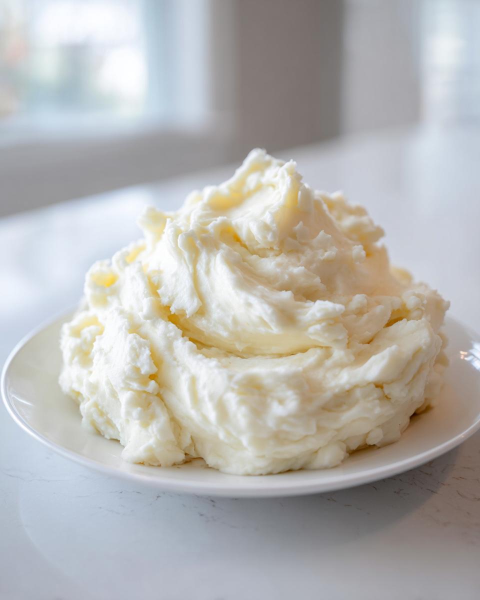 A large, fluffy mound of creamy white mashed potatoes served on a simple white plate.