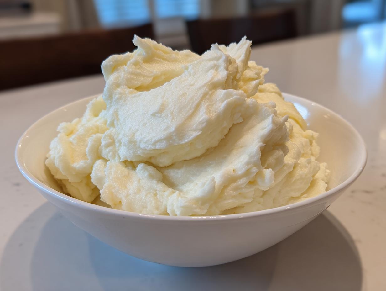 A generous serving of incredibly fluffy mashed potatoes piled high in a white bowl.