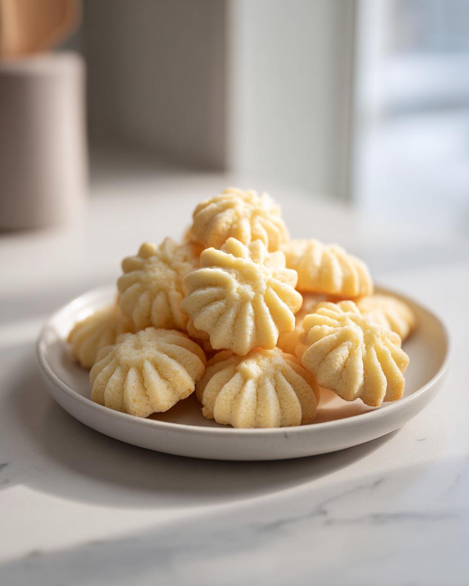 A close-up of a small white plate piled high with freshly baked, fluted butter cookie treats.