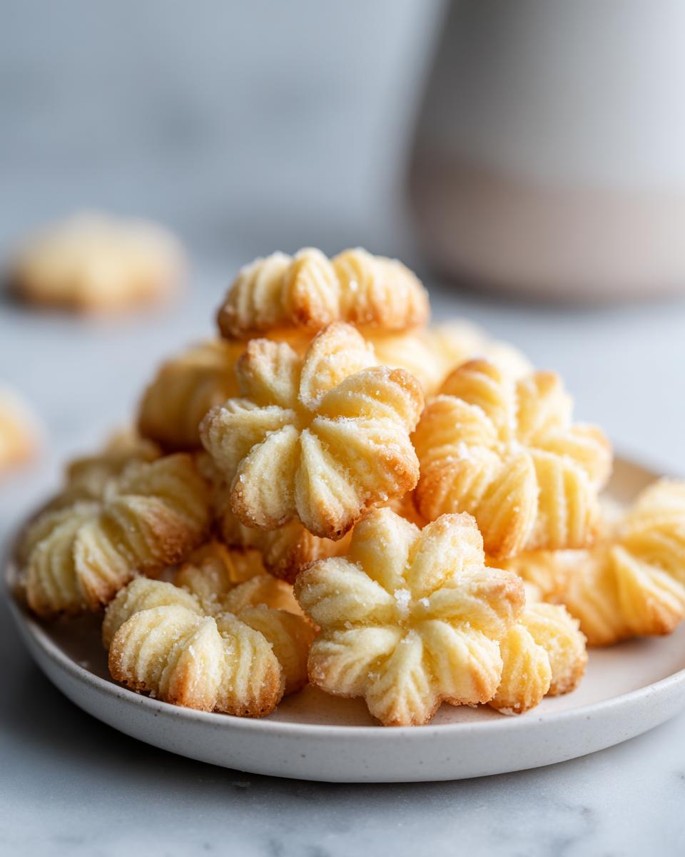 A close-up stack of freshly baked, pale yellow, star-shaped butter cookie treats sprinkled with sugar.