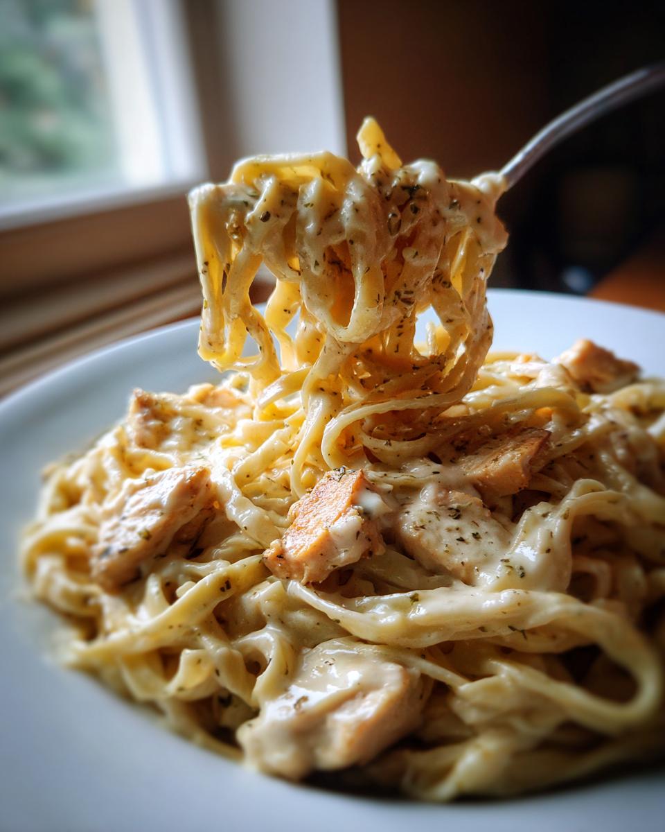 A fork lifts a tangle of fettuccine noodles coated in creamy sauce and herbs from a plate of chicken fettuccine alfredo.