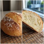 Split image showing the golden crust and airy interior crumb of freshly baked french bread.